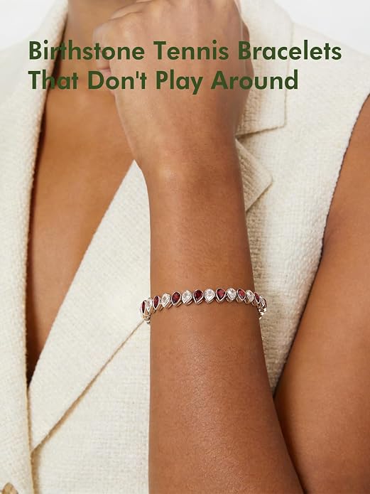 Birthstone Tennis Bracelet for Women 925 Sterling Silver Pear Shaped Gemstone Inlaid White Gold Plated Adjustable Chain Gifts for Mom Wife