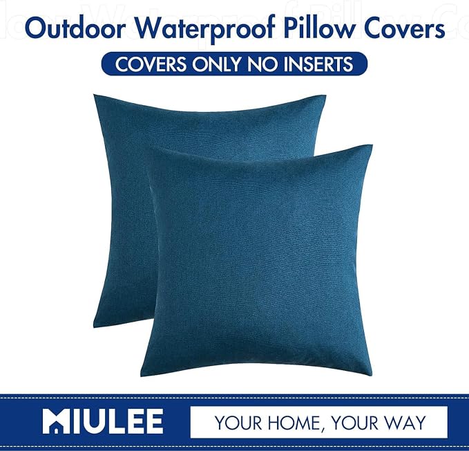 MIULEE Pack of 2 Decorative Outdoor Solid Waterproof Throw Pillow Covers Faux Linen Garden Farmhouse Coastal Cushion Cases for Summer Patio Tent Balcony Couch Sofa 16x16 Inch Blue