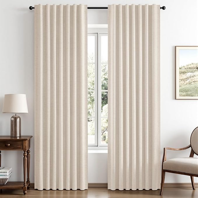 MIULEE 100% Blackout Linen Curtains 42 x 63 Inch Cream Beige 2 Panels | Thermal Insulated, Room Darkening Drapes for Bedroom Living Room, Back Tab Rod Pocket Pinch Pleated, Solid Luxury Decor