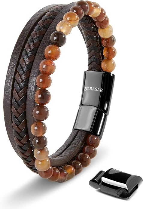 SERASAR | Premium Bracelet for Men in Genuine Black & Brown Leather | Magnetic Stainless Steel Clasp | Jewelry Box Included | Great Gift Idea