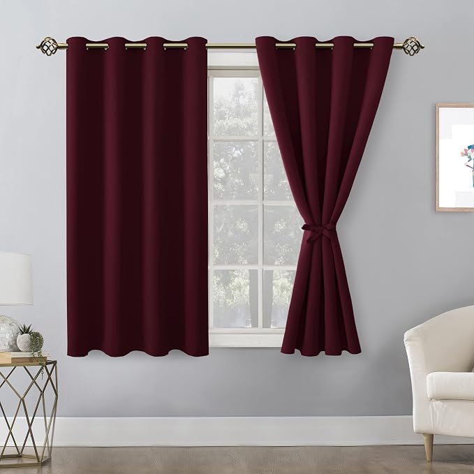 Hiasan Blackout Curtains for Bedroom - Thermal Insulated & Light Blocking Window Curtains for Living Room/Kids Room Christmas Decor, 2 Drape Panels Sewn with Tiebacks, Burgundy, 52 x 45 Inch