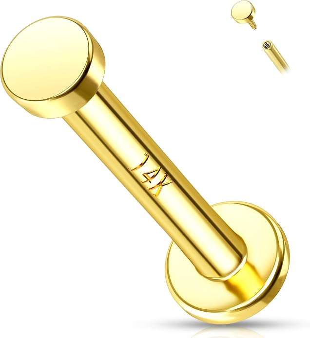 Melighting 14K Solid Gold Flat Back Cartilage Earring 16G Helix Piercing Jewelry Internally Threaded Labret 8mm
