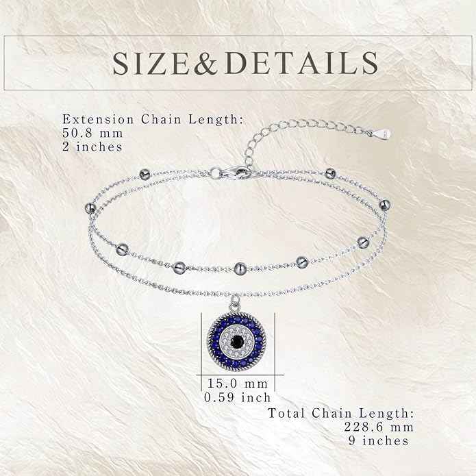 Blue Evil Eye Anklet Greek Evil Eye Anklet Bracelet Adjustable Ojo Turco Kabbalah Amulet Nazar Layered Silver Ankle Bracelets Protection Jewelry Amulet Gift for Wife Mother Sister Birthday