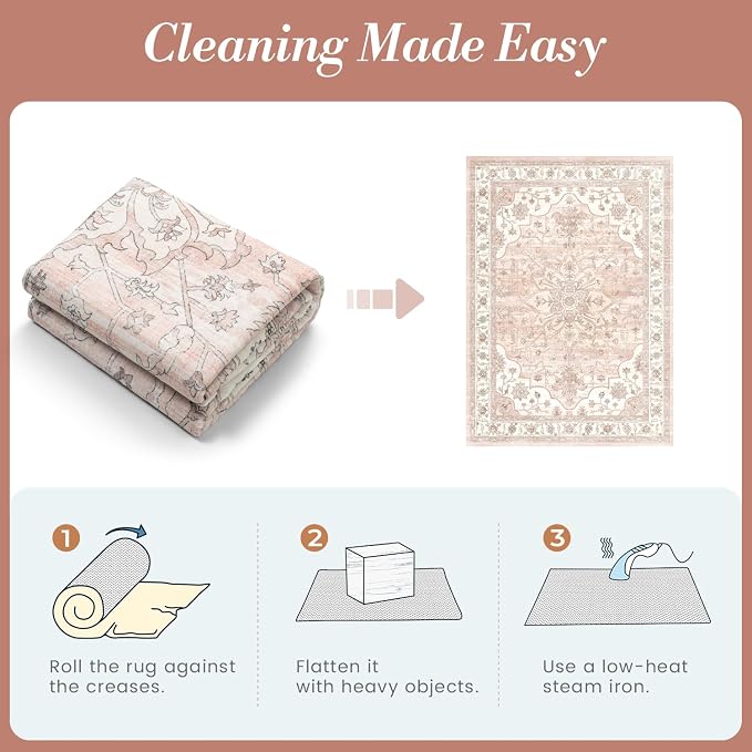 Washable Rug for Living Room Bedroom, 8x10 Area Rugs for Dining Room Home Office, Non Slip Low Pile Rug Indoor, Vintage Boho Floral Medallion Carpet, Pink