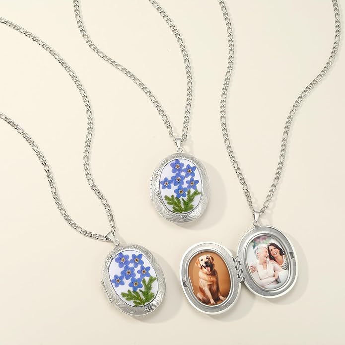 AUNTESIGN Forget-Me-Not and Queen Anne's Lace Pressed Wildflower Necklace | Birth Month Flowers Necklace | Gold/Silver Pressed Flower Jewelry | Mother's Day | Gift For Her