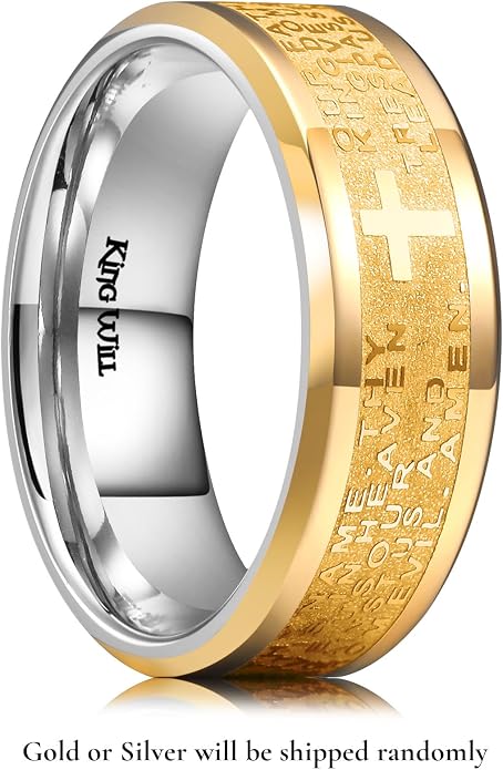 King Will Stainless Steel Men Ring Lord's Prayer Cross Ring Stainless Steel Men Wedding Ring, Wedding Band Bible Engraved Rings High Polished, Comfort Fit