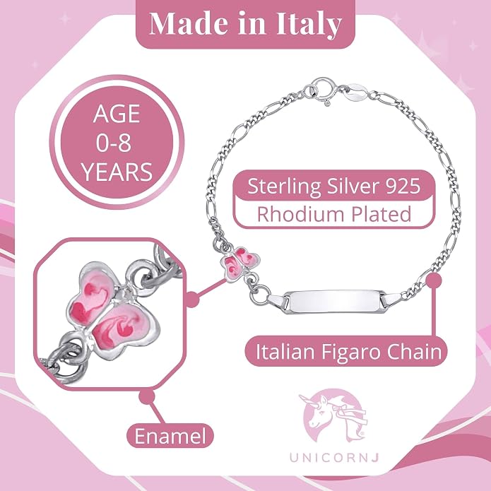 UNICORNJ 925 Italy Sterling Silver Child or Baby Name Bracelet Girls Boys, Personalized Engraved Kids ID Bracelets, 6.5" Figaro Chain, Enamel Charm Newborn Infant Toddler Kid Jewelry