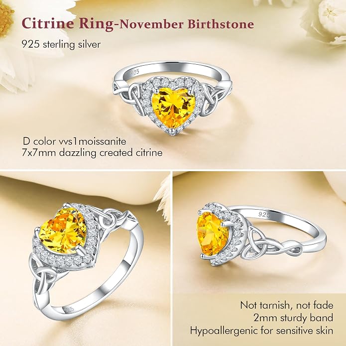 DAYBYDAY Celtic Birthstone Rings for Women 925 Sterling Silver Heart/Round/Pear/Oval Created Gemstone Moissanite Halo Engagement Promise Rings for Her Wife Birthday Anniversary Wedding Jewelry