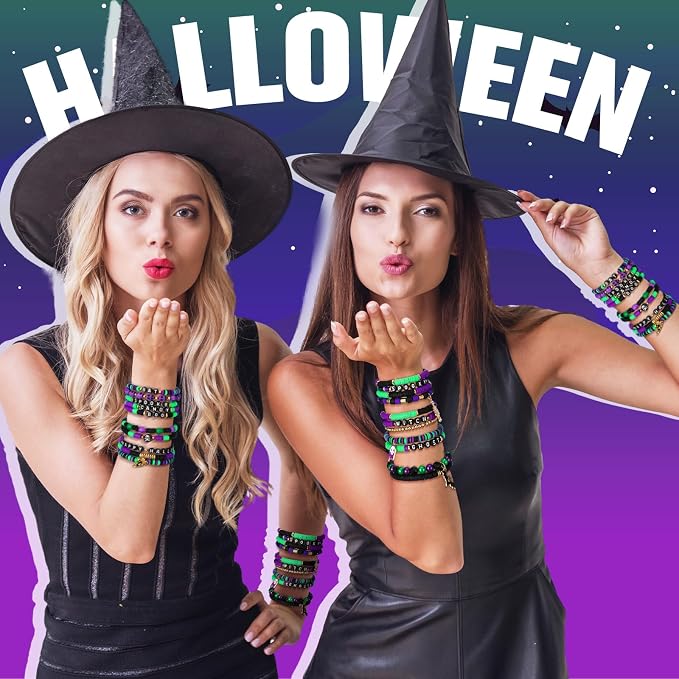 Landical 64 Pcs Halloween Bracelets Bulk for Women Vinyl Disc Clay Party Favor Bracelet Pack Halloween Beaded Accessories Jewelry for Goody Bag Fillers Party Supplies