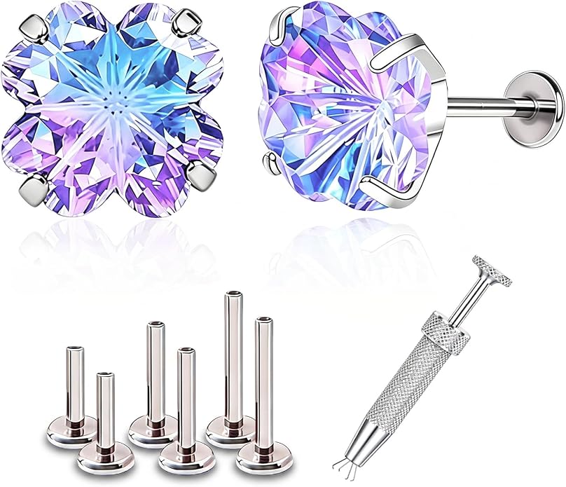 Flat Back Titanium Stud Earrings, Hypoallergenic G23 Titanium Cubic Zirconia Piercing, Versatile Eyebrow Lip Labret Cartilage Helix Sleeper 18G Jewelry for Women Men