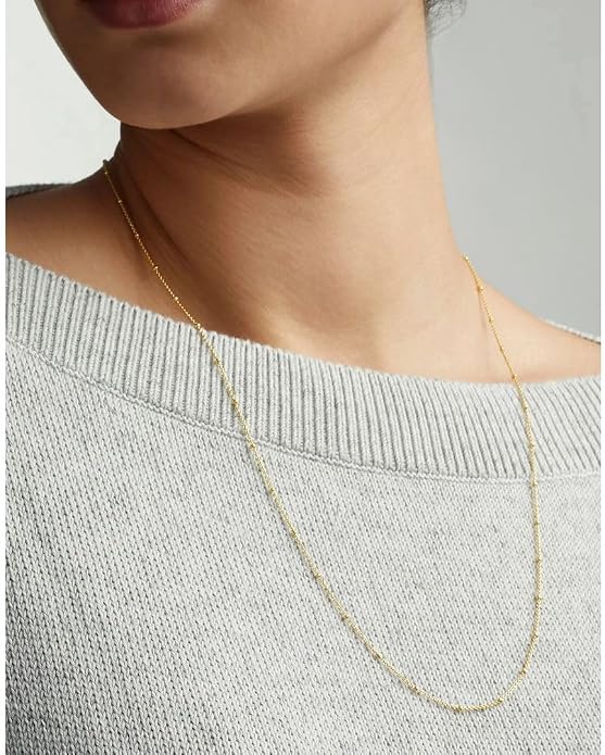 Adabele Solid 925 Sterling Silver Gold Filled White Gold Satellite Bead Station Chain Necklace Cute Dainty Thin Tarnish Resistant Hypoallgeneric Women Neck Jewelry