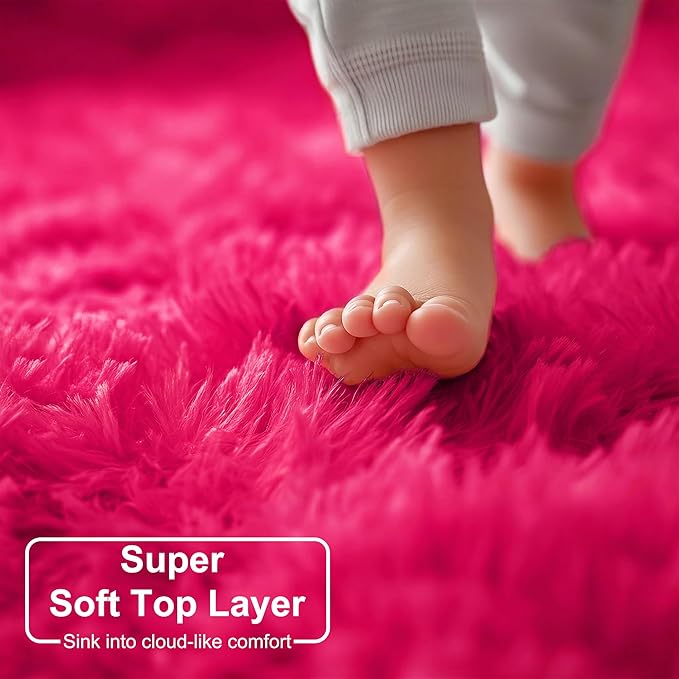 Hot Pink Small Round Rug 3Ft for Girls Bedroom, Fluffy Circle Area Rugs for Kids Room Decor Aesthetic, Shag Plush Fuzzy Furry Carpet for Playroom, Nursery, Dorm, Classroom, Teen, Cute Shaggy Baby Rug