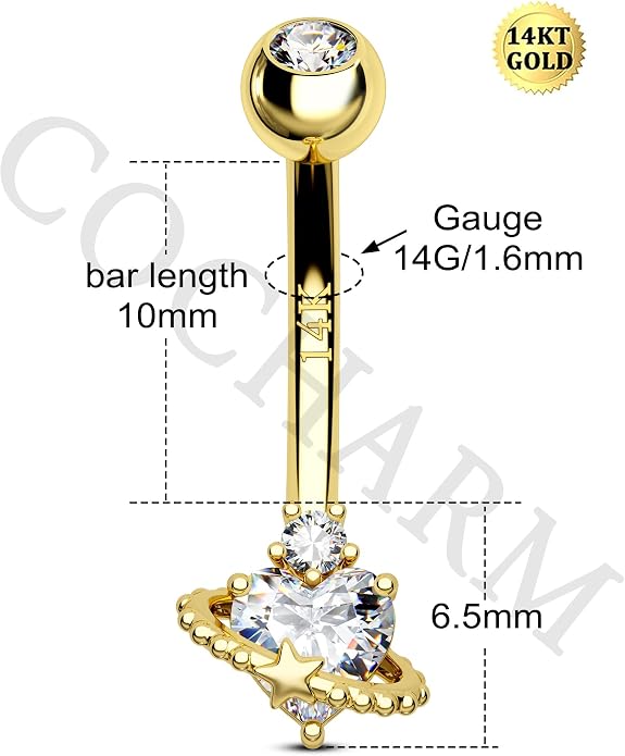 COCHARM 14K Gold Belly Button Ring, 14K Heart Gold Navel Ring for Women, Hypoallergenic Piercing Jewelry, 14G Gauge, 10MM Barbell Length, Sparkly Star Halo Design
