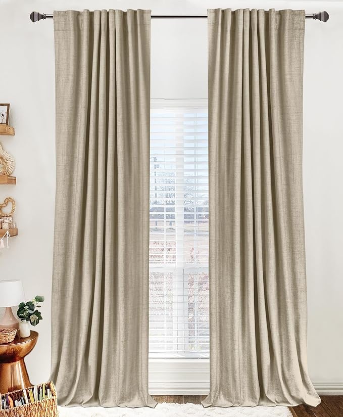 100% Blackout Shield Linen Blackout Curtains for Bedroom 80 Inches Long, Back Tab/Rod Pocket Living Room Drapes, Thermal Insulated Blackout Curtains 2 Panels Set, 50" W x 80" L, Oatmeal