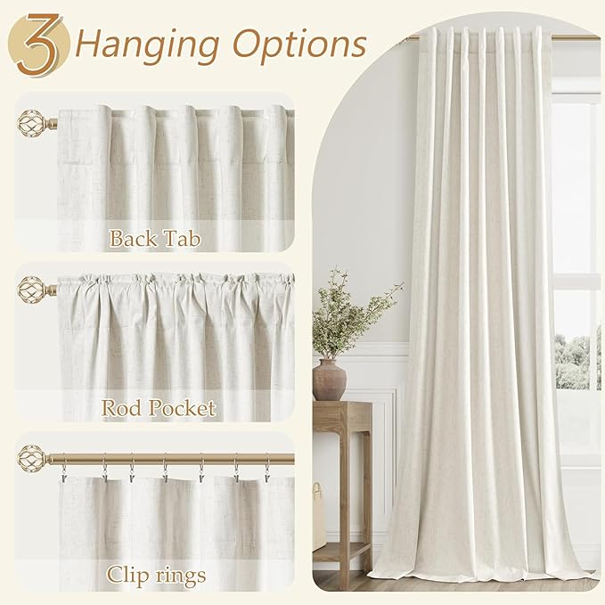 Extra Long 100% Blackout Linen Curtains for Bedroom 106 Inches Long Natural Cream Black Out Curtain Back Tab Thermal Insulated Room Darkening Window Drapes for Living Room 2 Panels Beige Ivory 52x106