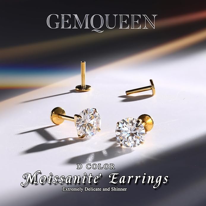 GEMQUEEN Moissanite Earrings G23 Titanium Extended Internal Thread Flat Back Earrings Hypoallergenic Tragus Cartilage Helix Conch Piercing Jewelry for Women Men 18G 6/8mm Post Gray/D Color 0.2-3CT