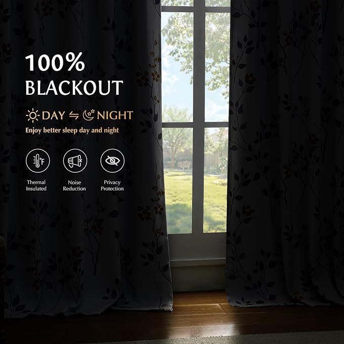 Beauoop Floral 100% Blackout Curtains Bedroom Yellow Grey 52X72 2 Panels | Flower Patterned Yellow White Room Darkening Drapes for Living Room Thermal Insulated Soundproof Window treatment Grommet