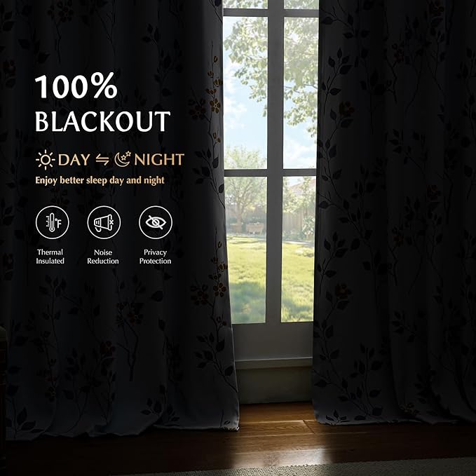 Beauoop Floral 100% Blackout Curtains Bedroom Yellow Grey 52X90 2 Panels | Flower Patterned Yellow White Room Darkening Drapes for Living Room Thermal Insulated Soundproof Window treatment Grommet