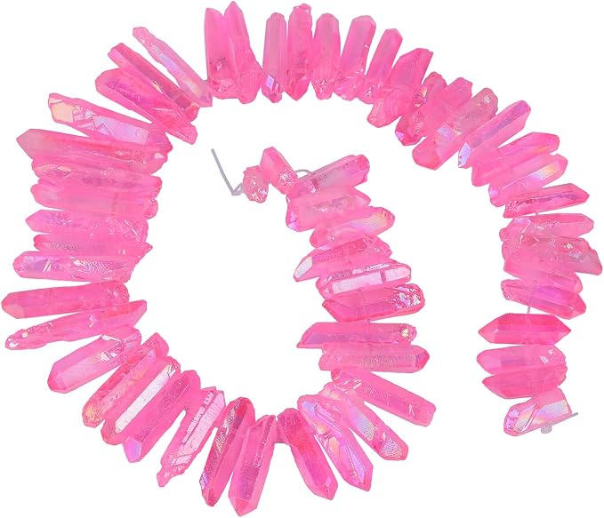 TUMBEELLUWA Rock Quartz Crystal Points Loose Beads for Jewelry Making, Titanium Coated Polished/Raw Quartz Beads 15 Inches Top Drilled,Hot Pink Crystal Points(0.5"-1.6")