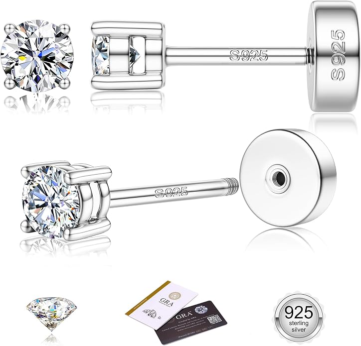 Moissanite Earrings for Men Women：Hypoallergenic Flat Back Earrings 925 Sterling Silver Stud Earring Small D Color VVS1 Moissanite 14K White Gold Plated Helix Cartilage Earring Studs Gift Jewelry