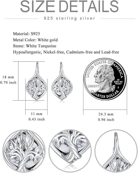 WINNICACA Leverback Earrings for Women 925 Sterling Silver Tree of Life Earrings Dangle Drop Turquoise Moonstone Moss Agate Heart Jewelry Gifts for Women Her Wife Anniversary Birthday Gifts