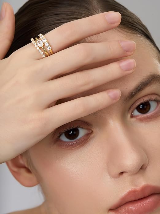 14k Gold Rings For Women,Dainty Chunky Gold Stacking Rings, 3-in-1 One Piece Ring,Trendy CZ & Opal Statement Ring for Women