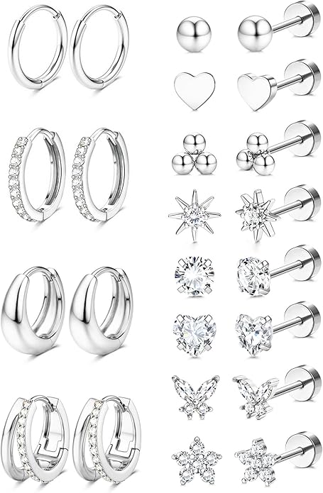 Jstyle Hypoallergenic 14K Gold Plated Stud Hoop Earrings for Women Men Surgical Stainless Steel Flat Back Earrings Small Huggie Hoops Cartilage Earring Set for Multiple Piercing Jewelry Gift for Women