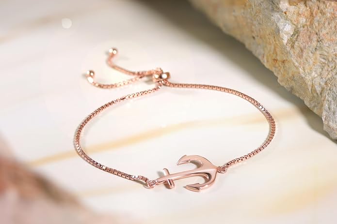 Hoops & Loops 925 Sterling Silver Sailor Anchor High Polished Hypoallergenic Anti-Tarnish Adjustable Bracelet for Women Men, Silver, Yellow Gold & Rose Gold