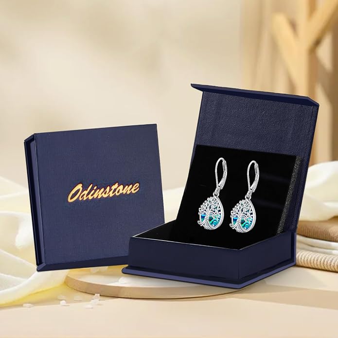 Odinstone 925 Sterling Silver Earrings Tree of Life Teardrop Moonstone Dangle Drop Leverback Earrings for Women