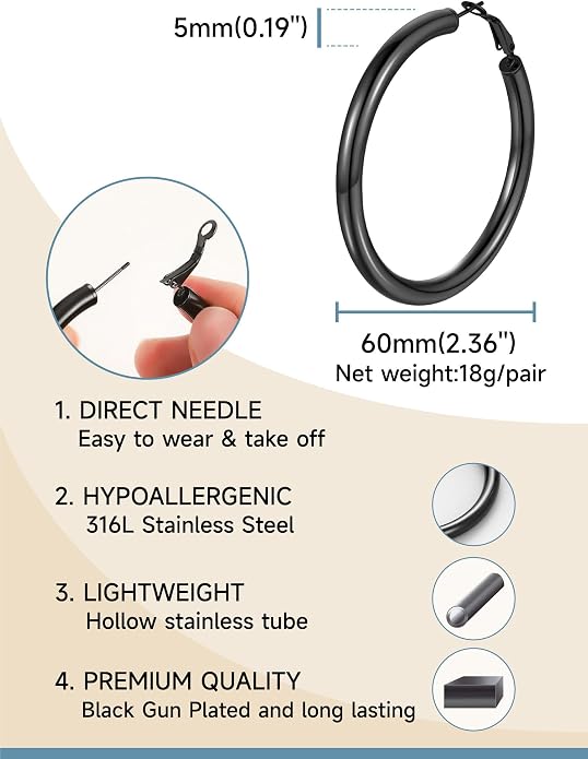 Stainless Steel Chunky Hoop Earrings For Women, Minimalist and Chic, Black/Gold Plated, Round Hoops Earrings Hypoallergenic, Size: 30mm/40mm/60mm/80mm, Come with Box