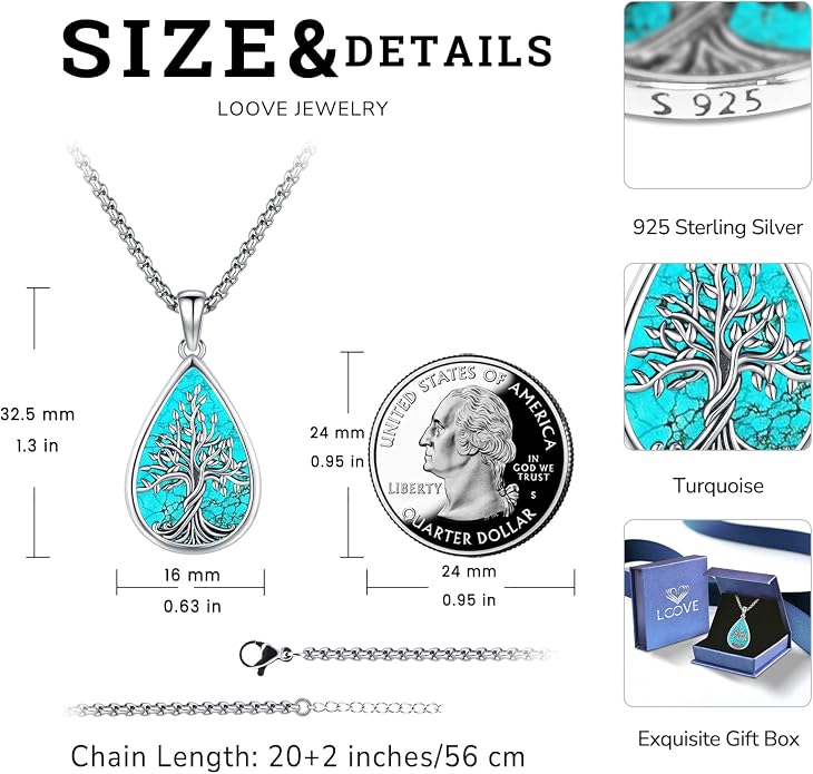 Jewelry Gifts - Tree of Life Necklace Sterling Silver Abalone Shell/Opal/Moonstone/Black Onyx/Turquoise/Malachite/Crystal Family Tree of Life Jewelry for Women Men