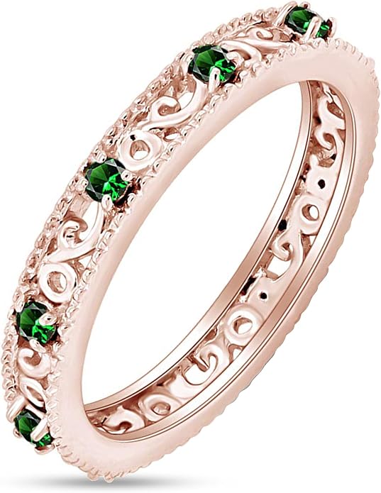 Jewel Zone US Filigree Eternity Wedding Band Ring for Women, Round Cut Simulated Gemstone Stackable Promise Ring in 14K Gold Plated 925 Sterling Silver Band Width 3.5mm – Elegant Jewelry for Her