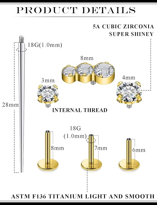 20G 18G 16G Astm F136 Titanium Internal Thread Flat Back Earrings Nose Studs Tragus Forward Helix Conch Cartilage Lobe Earring Stud Medusa Labret Monroe Lip Ring Piercing Jewelry For Women Men