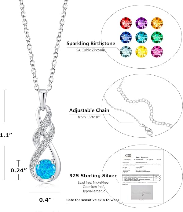Birthstone Necklaces for Women 925 Sterling Silver Infinity Pendant Created Gemstone Jewelry for Her, 16"+2"