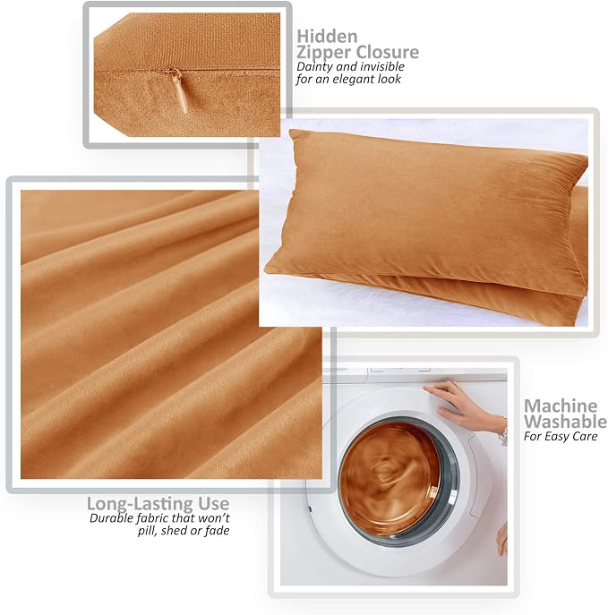 Nestl Throw Pillow Covers, Cozy Velvet Decorative Pillow Covers 12 x 20 Inches, Soft Solid Couch Pillow Covers for Sofa, Bed and Car, Set of 2 - Rust Orange Brown
