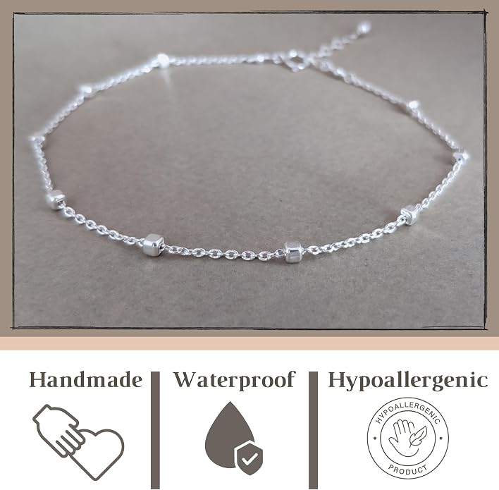 Annika Bella Chain Ankle Bracelet, Anklets for Women Waterproof, 9-10 Inches Silver Chain, Foot Jewelry, Summer Accessories, Gift for Her