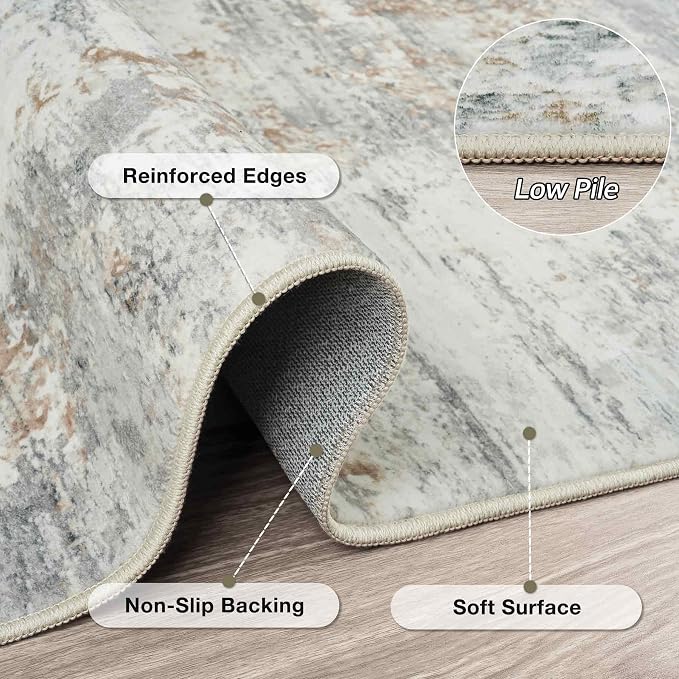 6x9 Area Rugs Living Room Rug Modern Abstract Neutral Washable Rugs Non Slip Soft Carpet Large Area Rug Low Pile Stain Resistant Non Shedding for Bedroom Nursery Dining Room Home Office Gray Brown