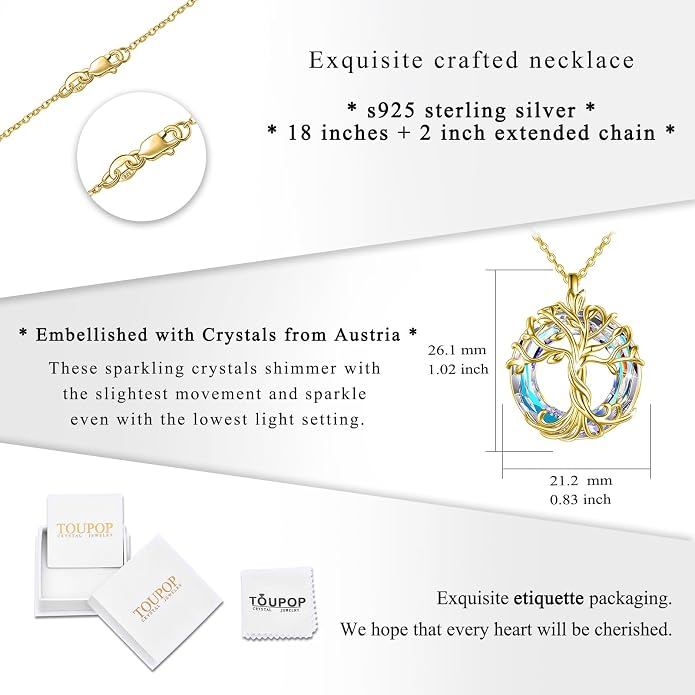 TOUPOP Tree of Life Necklace Gifts for Women 925 Sterling Silver Family Tree Pendant with Crystal Birthday Irish Jewelry Gifts for Women Her Wife Mom