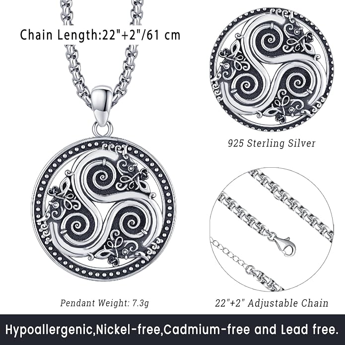 Eusense Viking Necklace for Men Women 925 Sterling Silver Pendant Thors Hammer/Norse Runes/Odin's Ravens/Wolf/Dragon/Snake/Yggdrasil/Freya/Helm of Awe/Valknut/Triskelion/Axe/Shield Viking Jewelry