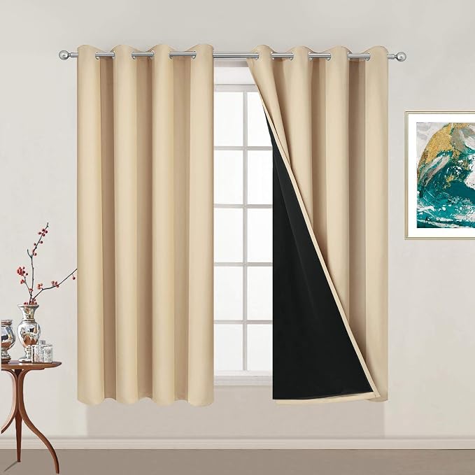 Yakamok Beige 100% Blackout Curtains 54 Inches Long for Bedroom 52" Wide | Blackout Curtain Panels for Bedroom, 2 Thick Layers Grommet Top Thermal Insulated Drapes with Black Liner for Living Room