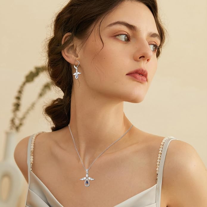 FJ Guardian Angel Necklace 925 Sterling Silver Birthstone Pendant Angel Jewelry Gifts for Women