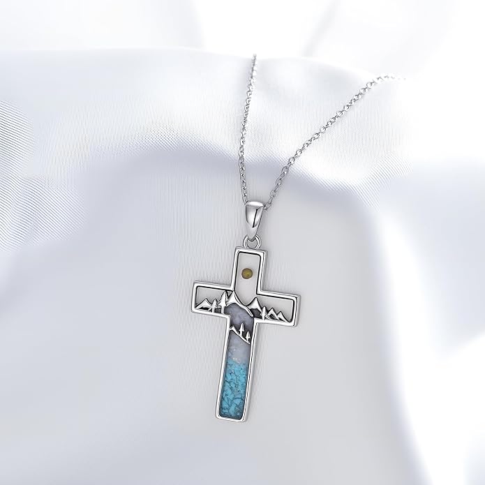 HPQQ Cross Necklace 925 Sterling Silver Turquoise Tree of Life Celtic Knot Cross Pendant Jewelry Mother's Day Gifts for Women