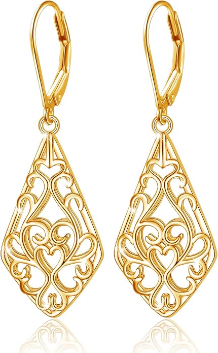 Sterling Silver Leverback Dangle Earrings for Women Teardrop Filigree 14K Gold Plated Dangly Earrings Mother’s Day Gift