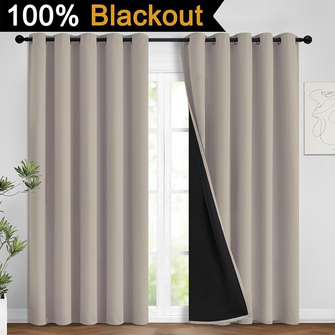 Yakamok Natural Blackout Curtains 63 Inches Long for Bedroom 62" Wide 2 PCS | Blackout Curtain Panels for Bedroom, 2 Thick Layers Grommet Top Thermal Insulated Drapes with Black Liner for Living Room