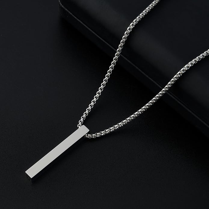 Fathers Day Custom Gifts Personalized 3D Bar Vertical Pendant Necklace - Custom 4 Sided Text Necklace Engraved Cuboid Stick Necklace