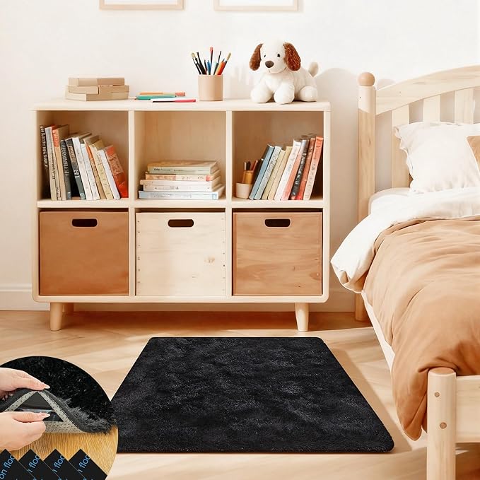 Black Rugs for Bedroom, 2x3 Fluffy Area Rugs for Living Room, Small Fuzzy Shag Soft Carpet with 4 Non-Slip Adhesive Strips for Kids Boys and Girls Nursery Dorm Room Home Decor (2ft X 3ft)