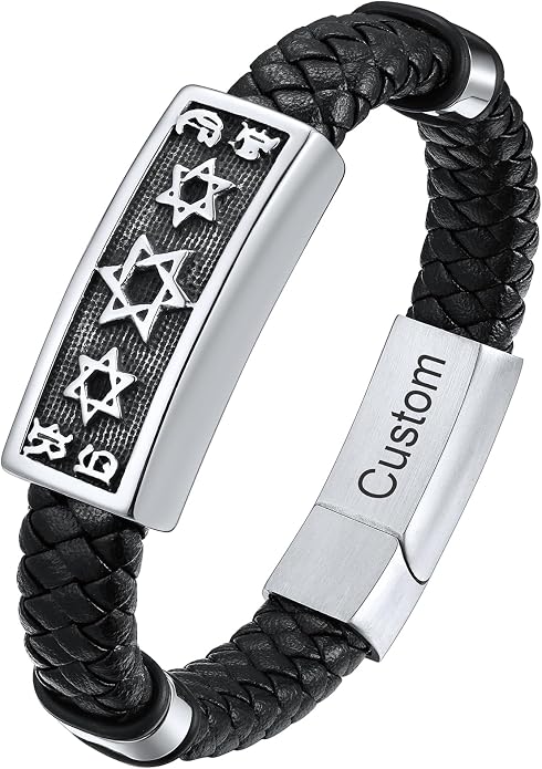 ChainsHouse Mens Wrap Braided Leather Black Bead Bracelets Bangles, Vintage Star of David/Wing Skull/Templar Cross Genuine Leather Bracelet, Customize Available, Size 7.5/8.3/9.0 Inch, Send Gift Box