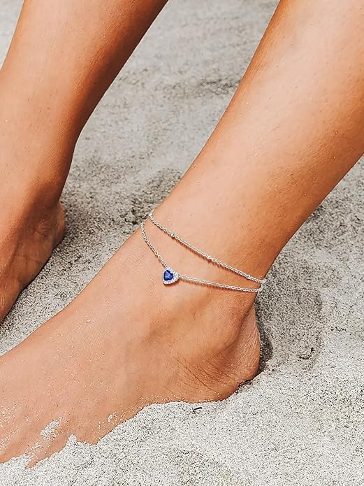 Richsteel Double Layer Heart/Butterfly Birthstone Anklet for Women Non Tarnish Waterproof, Silver/Gold/Black Stainless Steel 8.5-10.5 Inch Adjustable Chain Anklets Jewelry Gifts for Her