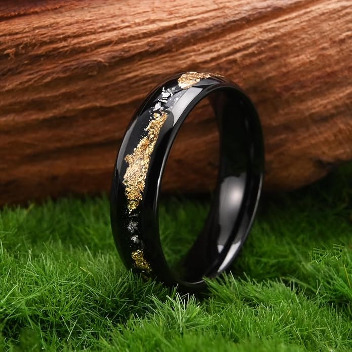 Black Tungsten Carbide Rings for Men Women 8mm/6mm Men's Wedding bands Inlaid with Gold Foil Meteorite Fragments, High Polishing and Comfortable fit