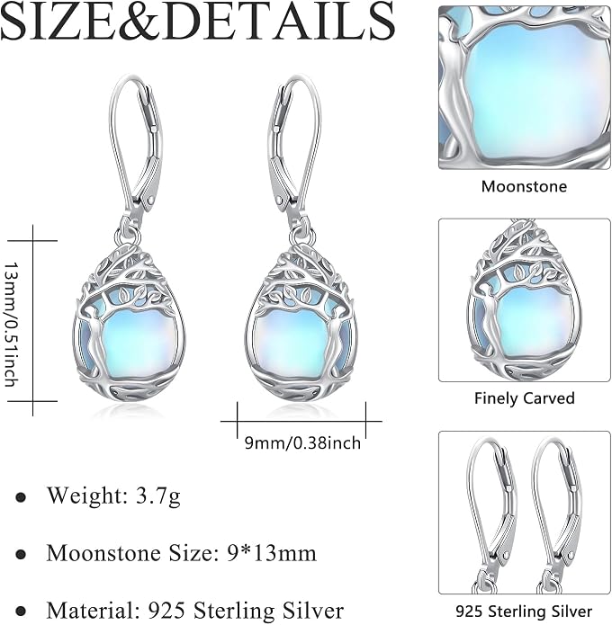 925 Sterling Silver Earrings Tree of Life/Cat/Animal/Turquoise/Moonstone Dangle Drop Earrings for Women Leverback Earring Hypoallergenic Jewelry Gifts